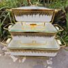 3-Piece White & Gold Ceramic Chaffing Dish Food Warmer Set with Glass Lids